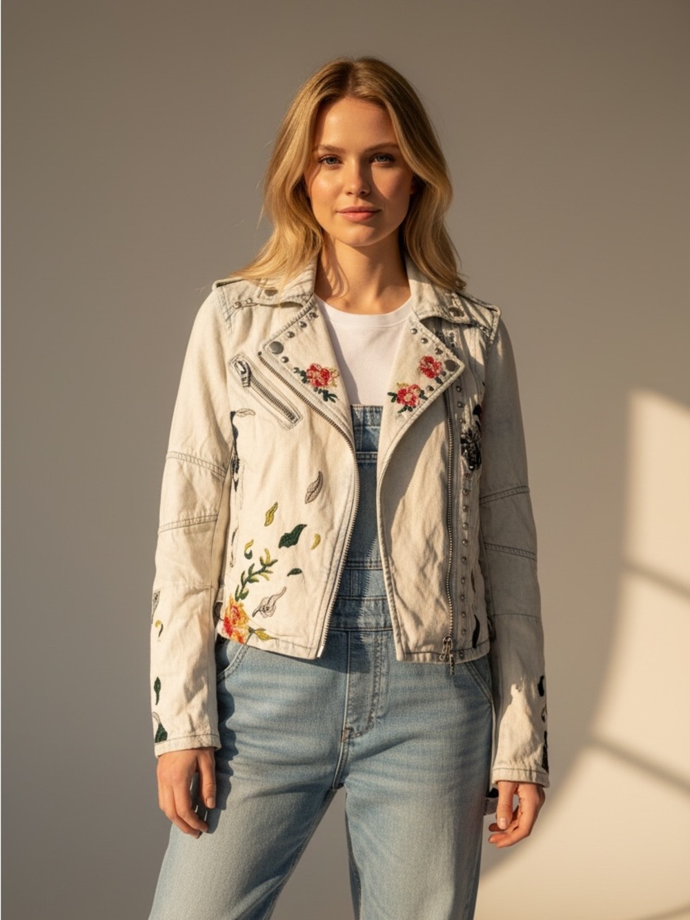 BLANKNYC XS Floral Embroidered Studded Denim Moto Jacket boho Rocker Cropped